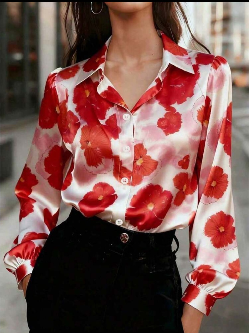 Luxe Stain Floral Print Button-Down Up Shirt Top Blouse